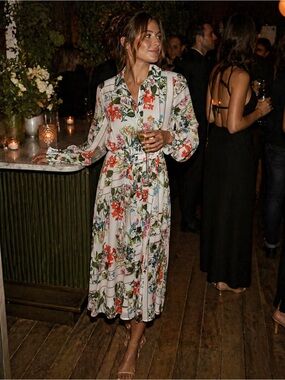 New York & Company Cream Floral Button-Front Dress